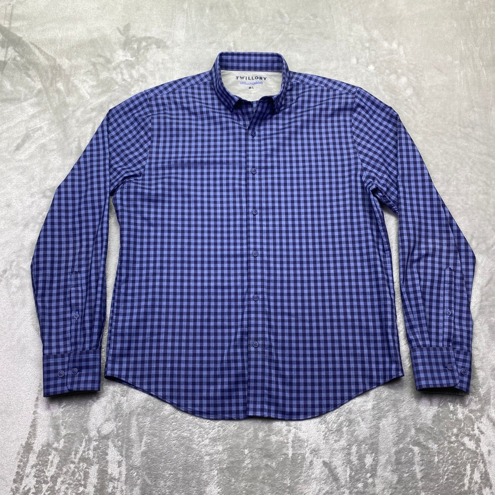 Twillory Untuckable Mens Blue‎ Gingham Performance Stretch Button Down Shirt M/L